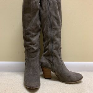 Grey Suede tall boots, stacked heel, hi-lo opening